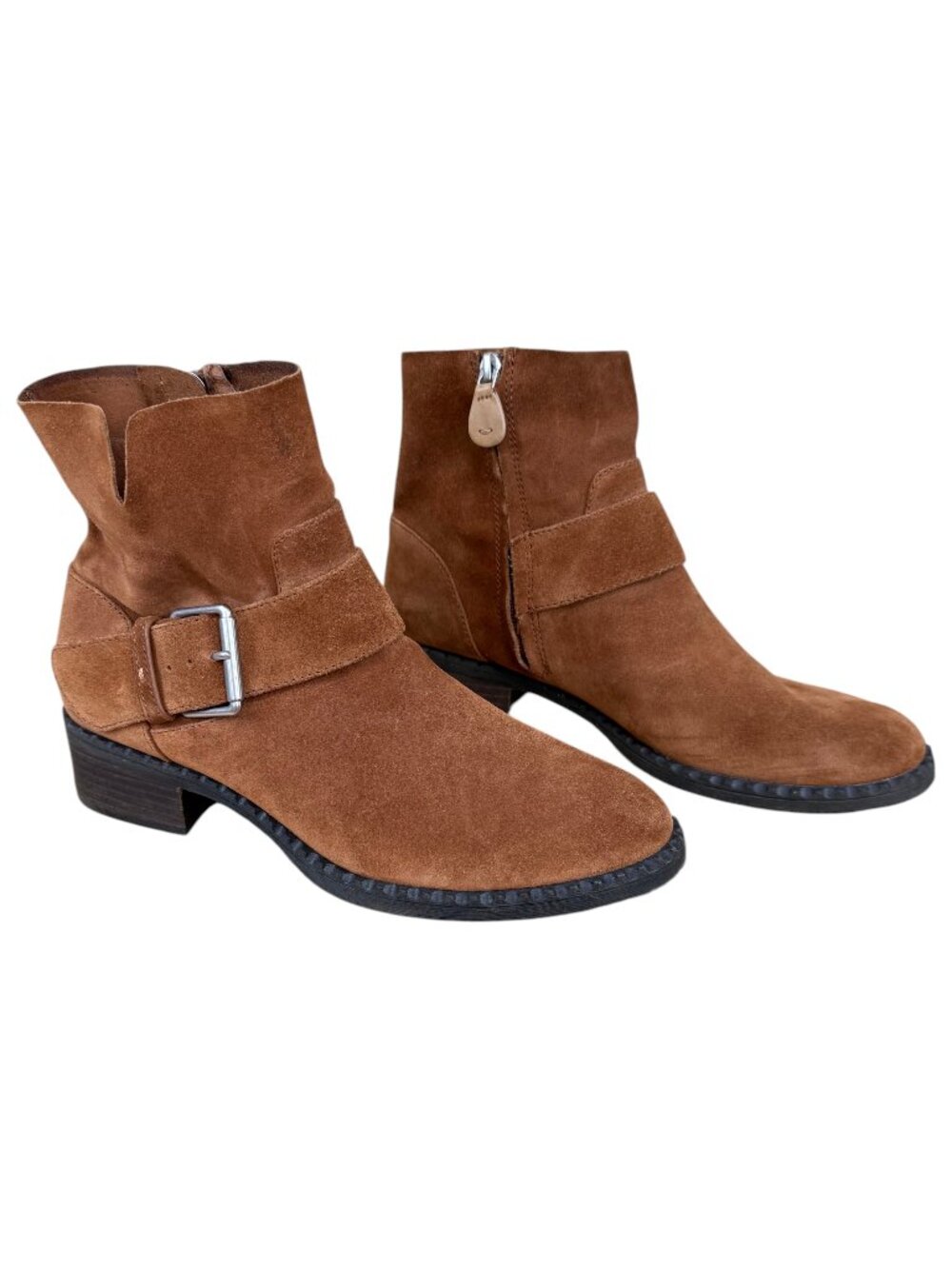 Gentle Souls Suede Boots Best Slit Moto Brown Tan Low Heel Buckle Accent (9)